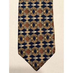 Geoffrey Beene 100% Italian Silk Necktie, Olive Brown‎ Black Geometric Design